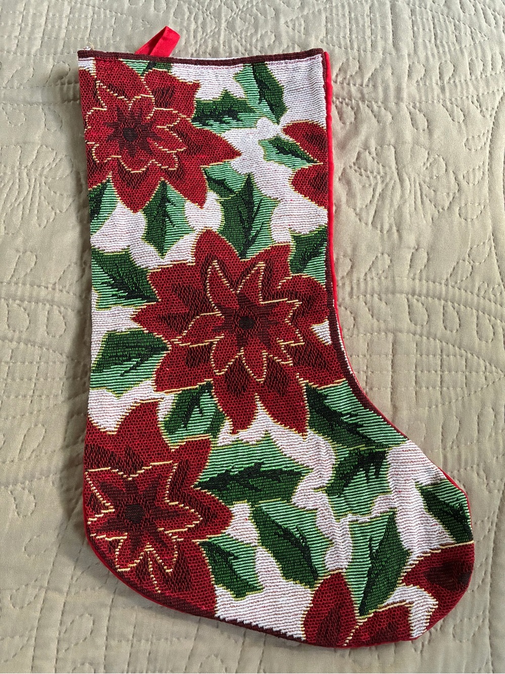 Vintage Christmas Stocking Tapestry Poinsettia Floral Red Green Holiday Decor